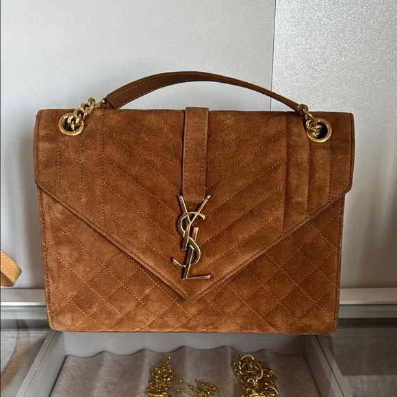 YSL Yves Saint Laurent Brown Suede Quilted Medium Envelope Handbag - Picture 15 of 16